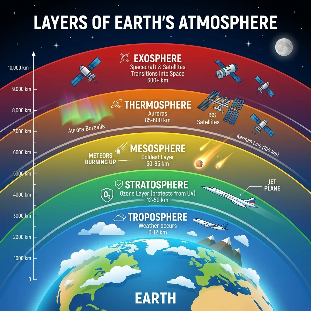 Atmospheric Layers and Temperature Variations Diagram