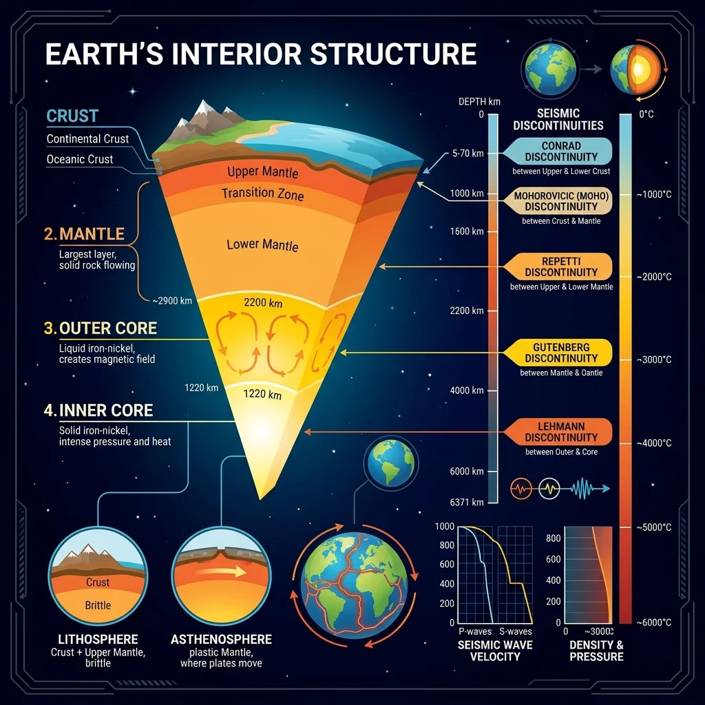 Earth's Interior Layers and Seismic Discontinuities Diagram