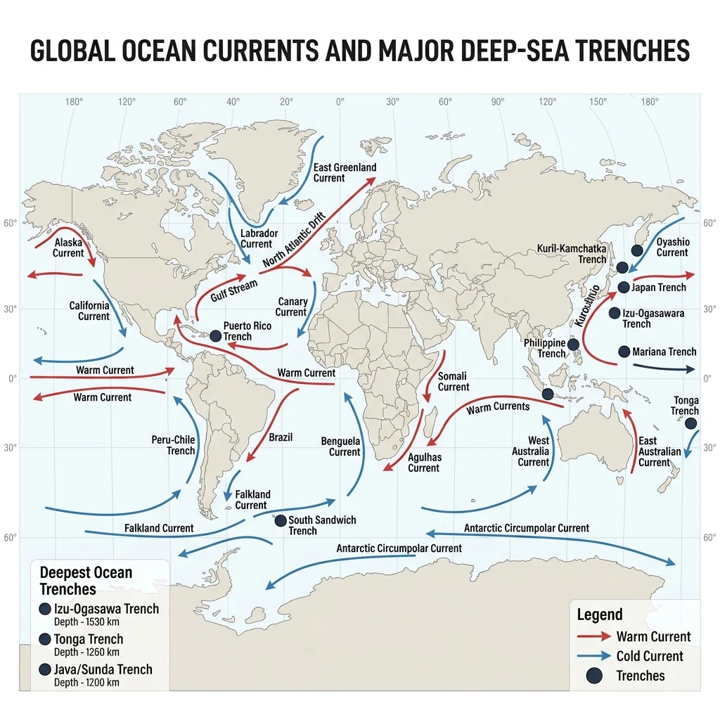 Global Ocean Currents and Trenches Diagram