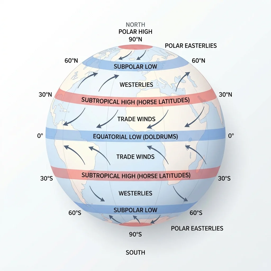 Global Pressure Belts and Planetary Wind Systems Diagram